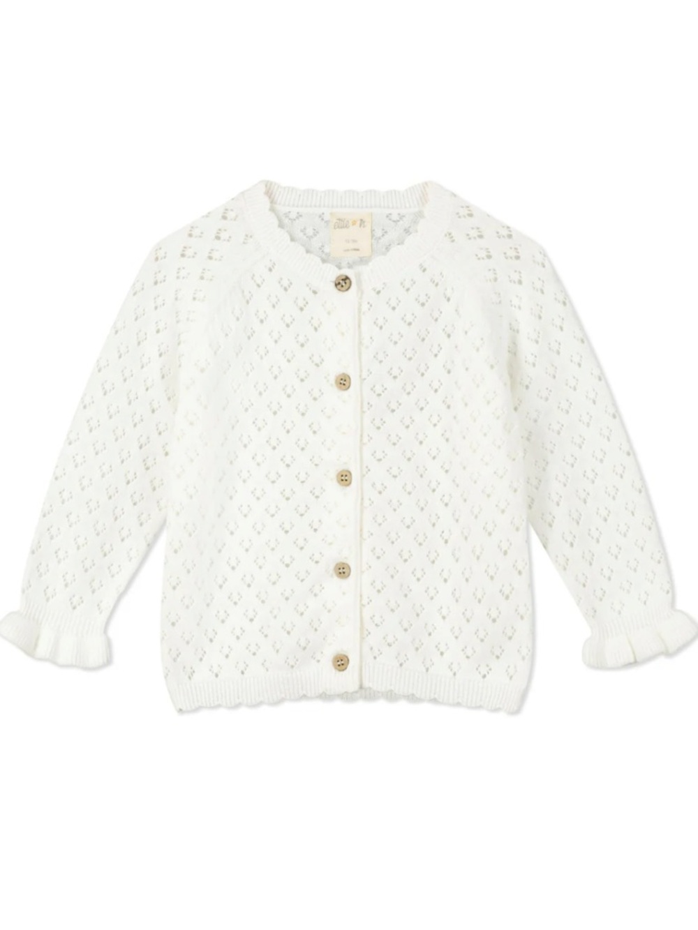 9-12M🤍 Ettie + H Pointelle Aurora Ivory Button-Up Ruffle Cardigan 💯 Cotton